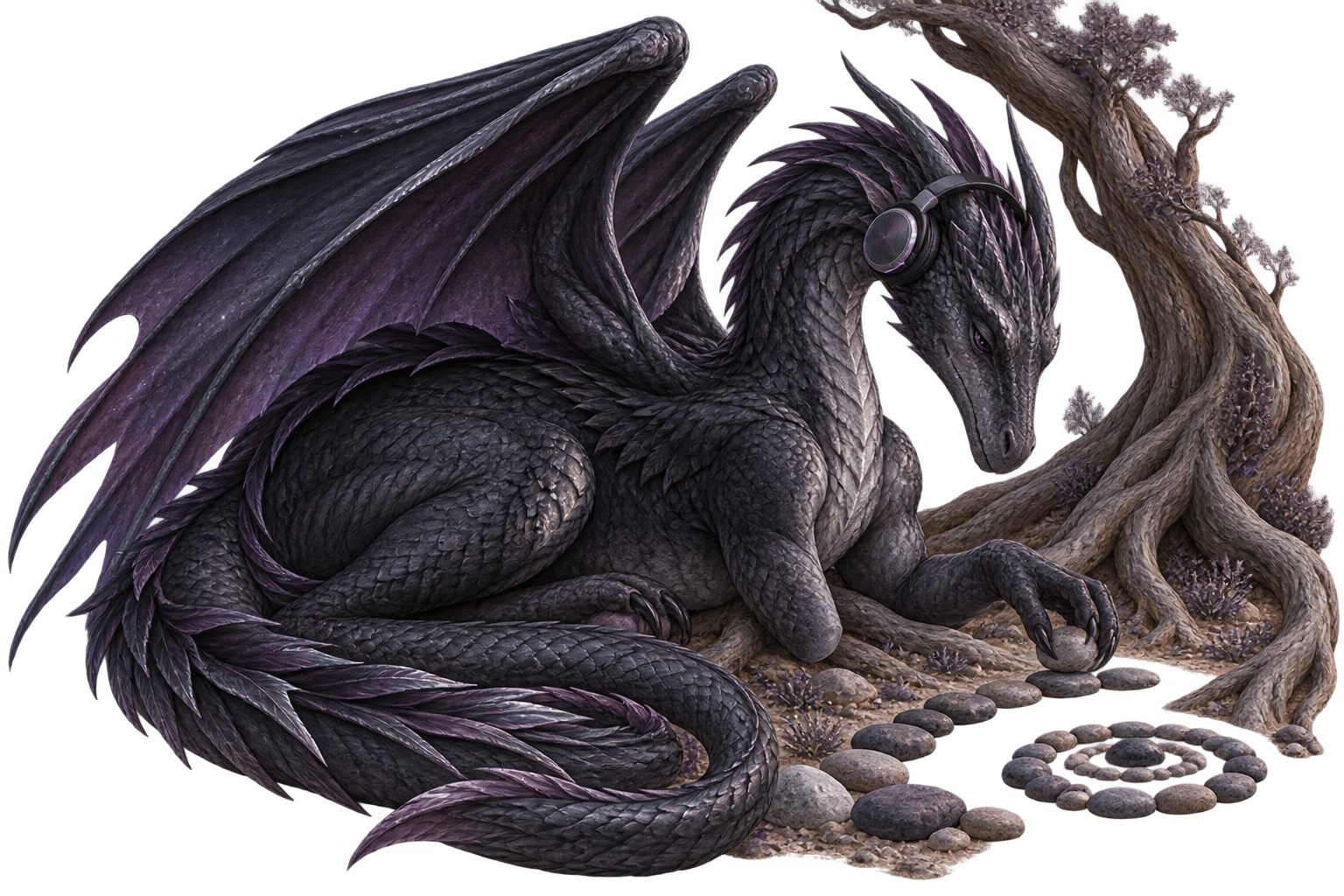 Ash, a charcoal fantasy dragon with headphones and a natural limb difference, arranging a path of stones
