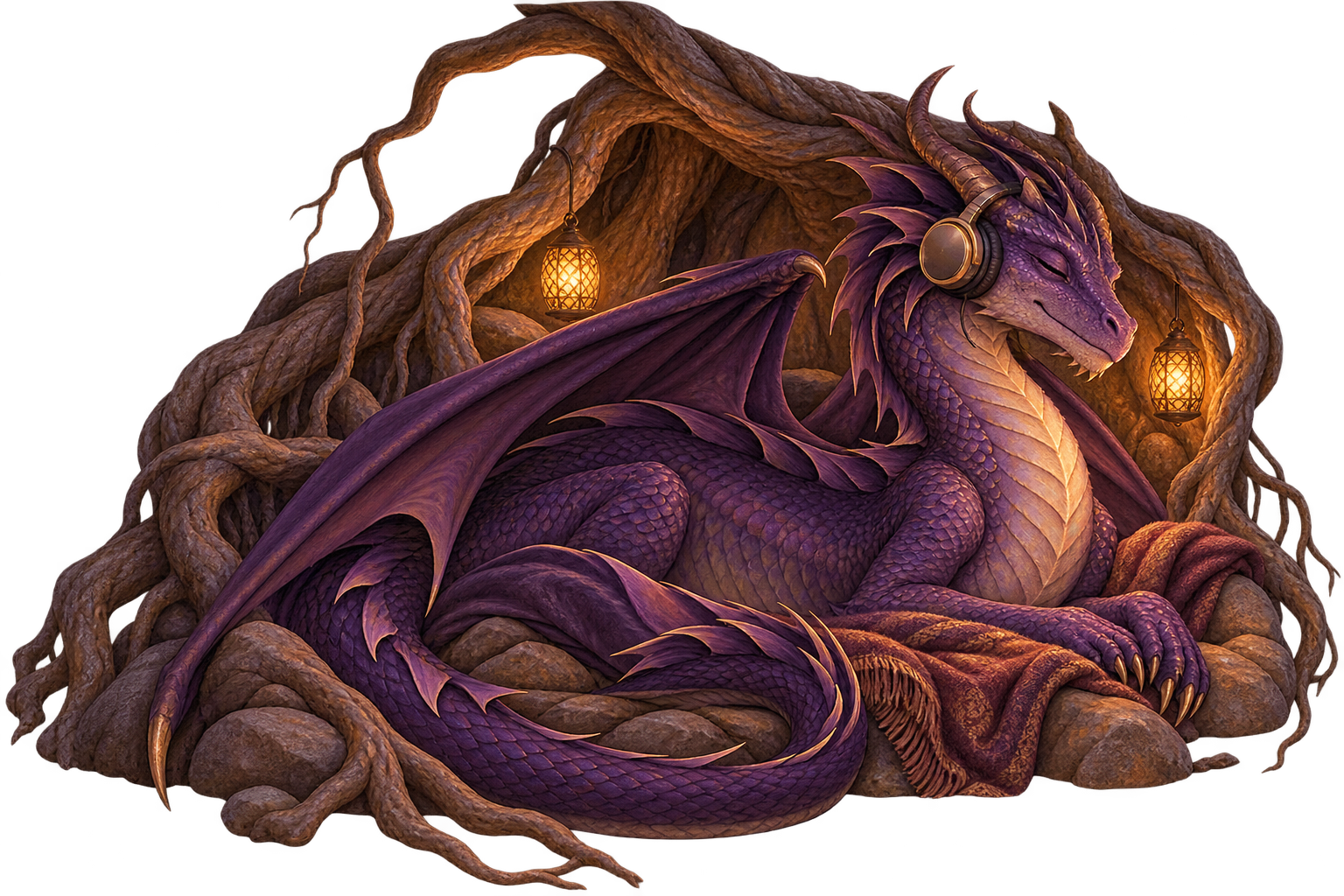 Ember, a purple fantasy dragon with headphones, resting peacefully among old roots