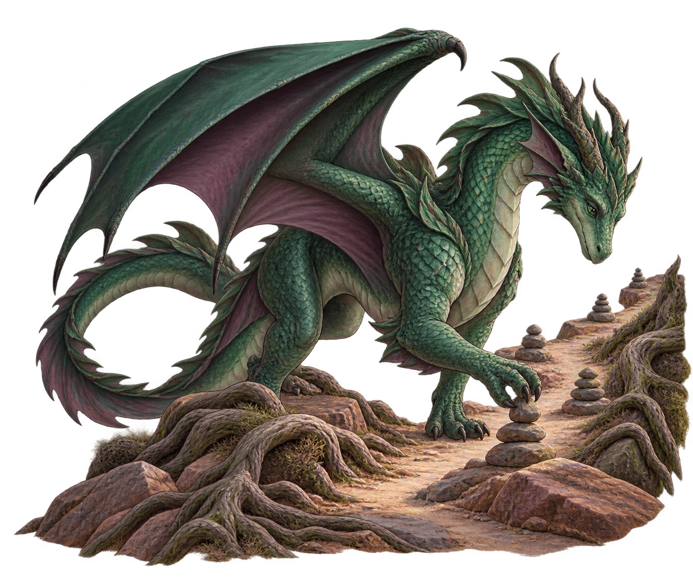 Fern, a teal green dragon, arranging steady markers along the path