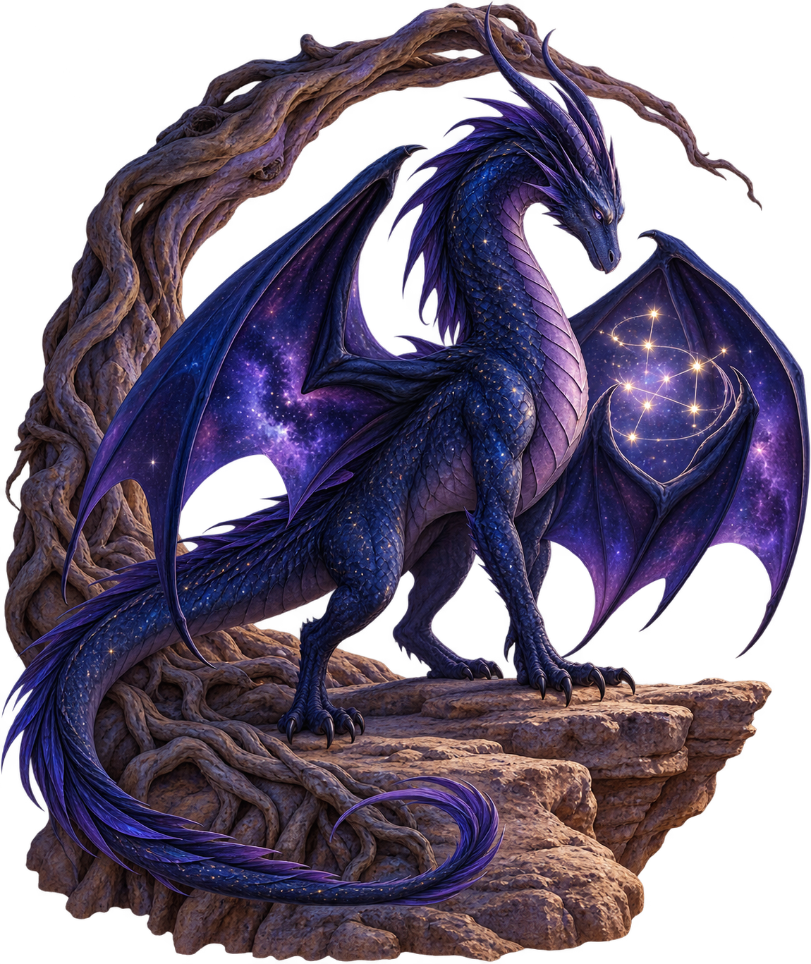 Nova, a dark blue and purple celestial fantasy dragon, holding a constellation-like glow beneath an old root