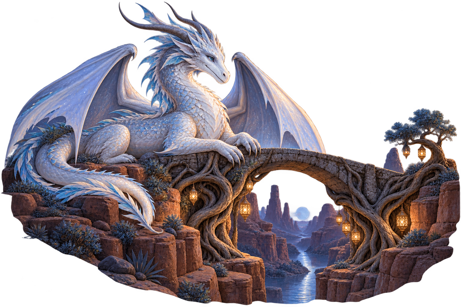 River, a pale blue fantasy dragon, beside a root-covered bridge